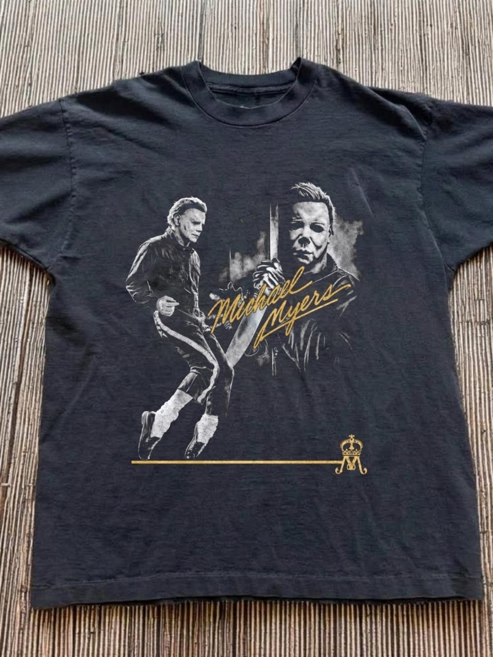 Gildan Black Michael Myers Graphic Tee with Gold Script